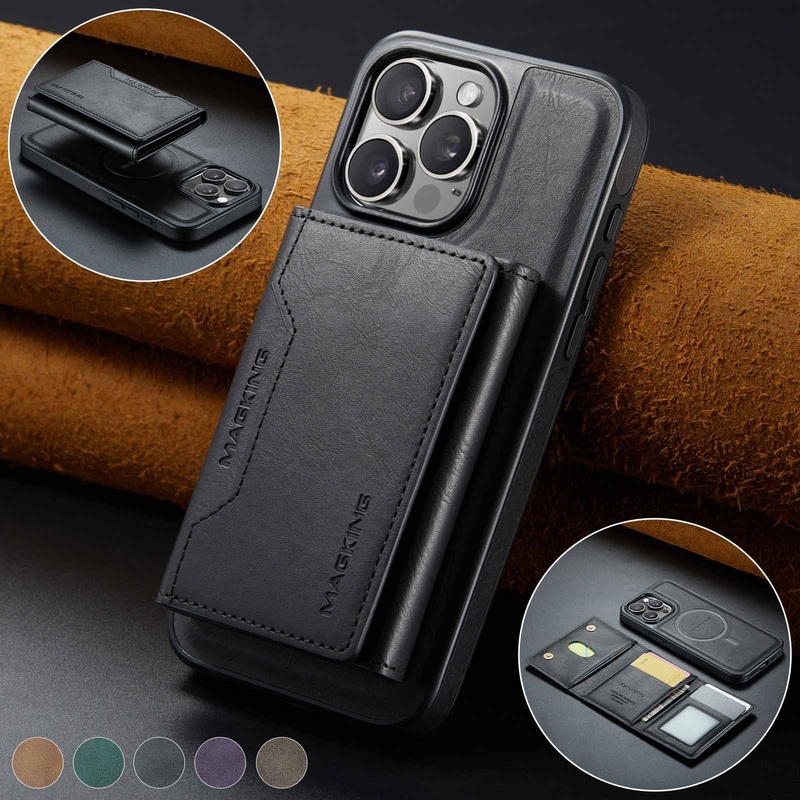 Black Premium MagSafe Wallet Case for iPhone 16 Pro – Detachable PU Leather Magnetic Card Holder
