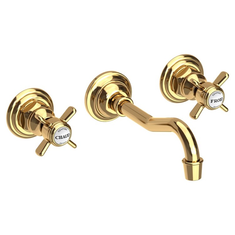 Lavatory Faucet Fairfield Wall Mount 8 Inch Spread 2 Cross ADA WaterSense Polished Brass Uncoated Living 1.2 Gallons Per Minute Brass Less Drain Spout Reach 7-1/4 Inch