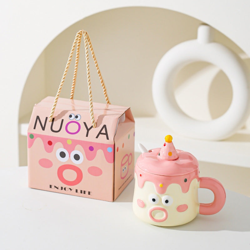 Pink Adorable Cartoon Character Ceramic Mug Set – 420ml with Fun Cake Design Lid & Matching Spoon – Perfect Gift