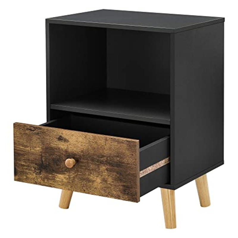 [en.casa] Comodino da Notte con Cassetto e Scomparto/Ripiano 54 x 40 x 30 cm Tavolino da Divano a 4 Gambe in Legno Tavolo Basso da Salotto/Soggiorno/Camera da Notte – Nero/Legno Scuro