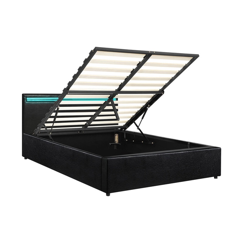 Bed Frame RGB LED Queen Size Gas Lift Storage Base Black