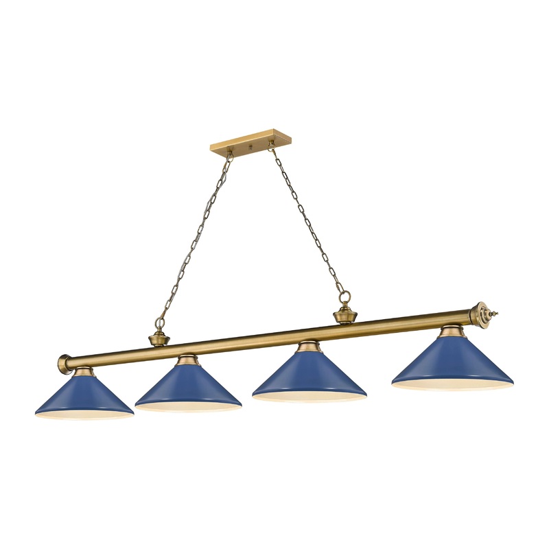 Cordon 4-Light Billiard Rubbed Brass Cone Navy Blue Steel