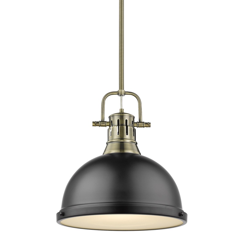 Duncan 1 Light Pendant with Rod inAged Brasswith a Matte Black Shade