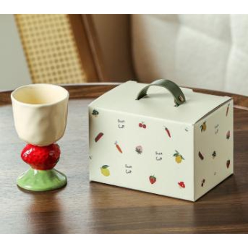 Red Whimsical Strawberry Stem Ceramic Goblet – 150ml Hand-Painted Strawberry Design, Unique Coffee & Drinkware Gift with Box