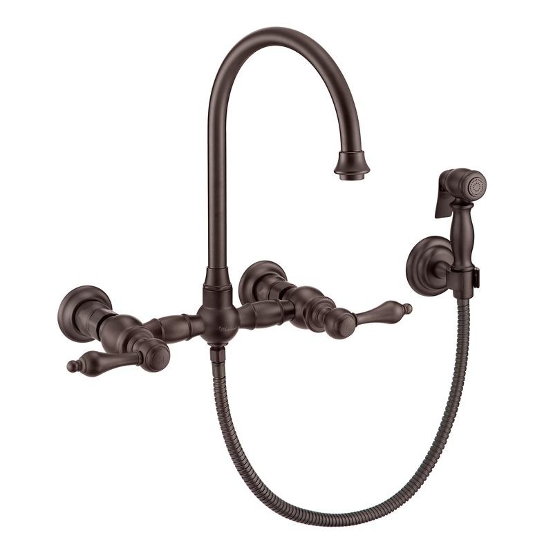 Vintage III Plus Wall Mount Faucet with a  Long Gooseneck Swivel Spout, Lever Handles and Solid Brass Side Spray
