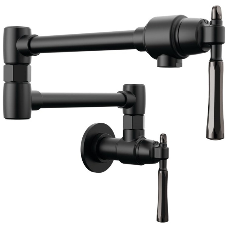Pot Filler Tulham Wall Mount Cold Water Only 2 Lever ADA Matte Black/Brilliance Black Onyx Dual Jointed Swivel