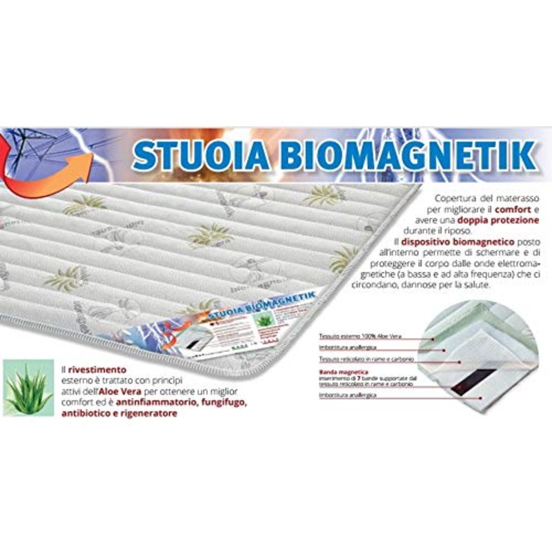BNZ Group Coprimaterasso, stuoia biomagnetica Made in Italy; 7 Bande magnetiche,Copertura Materasso per miglior Confort e Protezione. Rivestimento Esterno in Vera Aloe. (80 x 190)