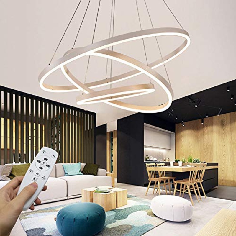 Moderna lampada a sospensione a LED, 3 anelli collezione di vernice bianca, applique a sospensione a luce regolabile Lampadario a soffitto moderno, dimmerabile 2700K – 6500K, con telecomando – 78W