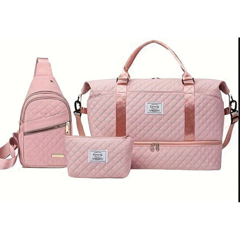 Pink Stylish 3-Piece Quilted Travel Bag Set – Weekender Duffel with Shoe Compartment, Sling Bag & Cosmetic Pouch