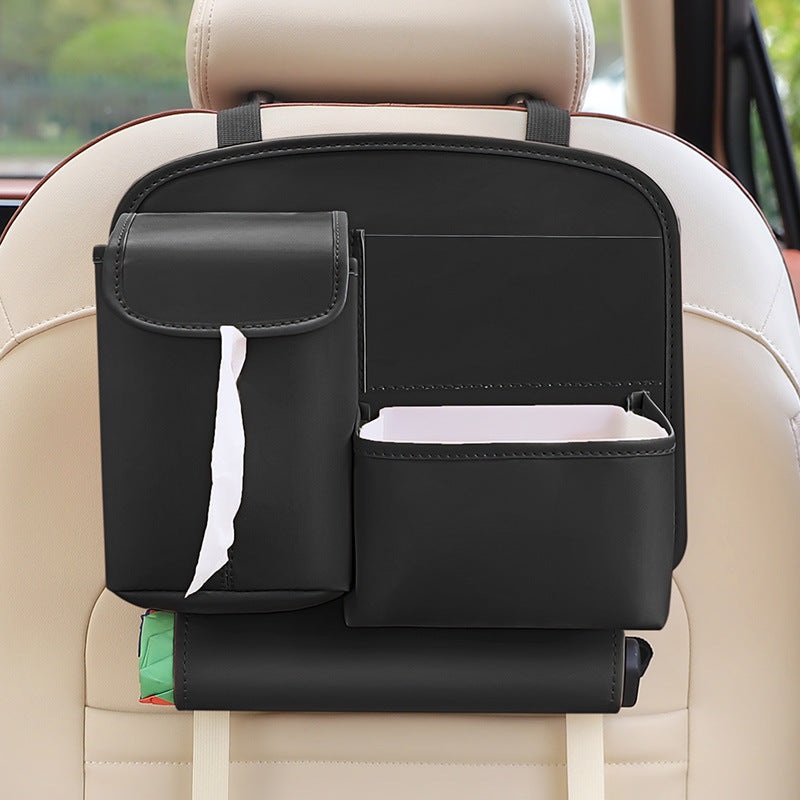 Black Car Backseat Organizer with Multi-Pocket Storage and PP Trash Bin – 400g Lightweight PU Leather