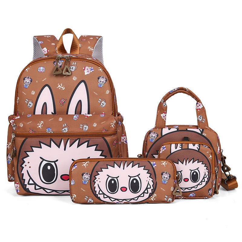 Kids Cartoon Character 3-Piece Backpack Set – Lightweight School Bag with Lunch Bag & Pencil Case(Light brown)