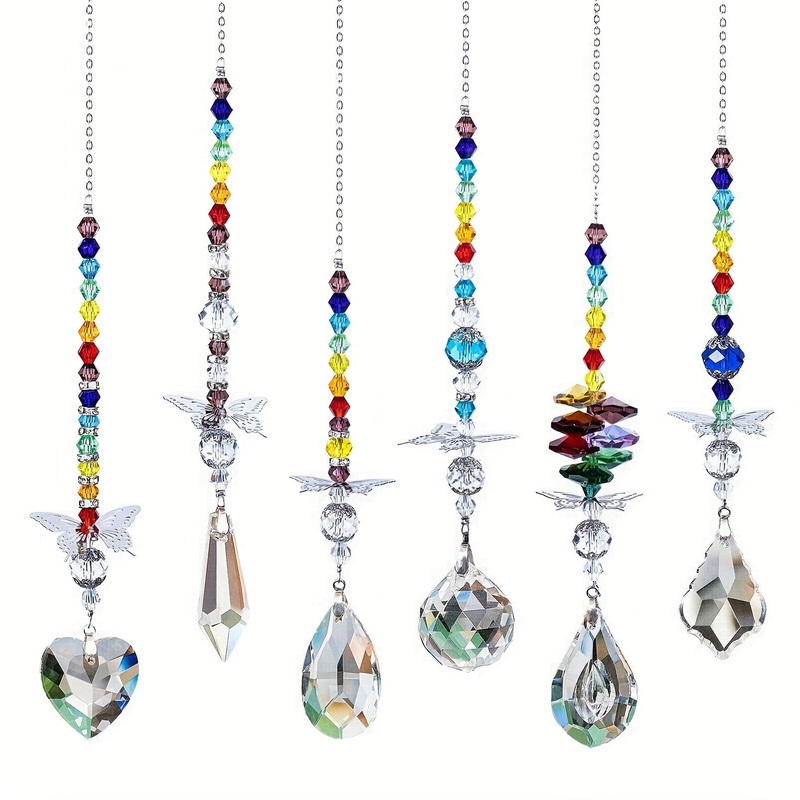 Set of 6 Crystal Suncatcher Hanging Ornaments – Butterfly Star Moon Prism Window Decor