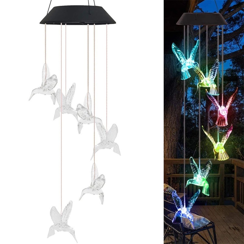 Transparent Solar Powered Hummingbird Wind Chime(Without bell) – Color-Changing LED Hanging Garden Light Outdoor Decor
