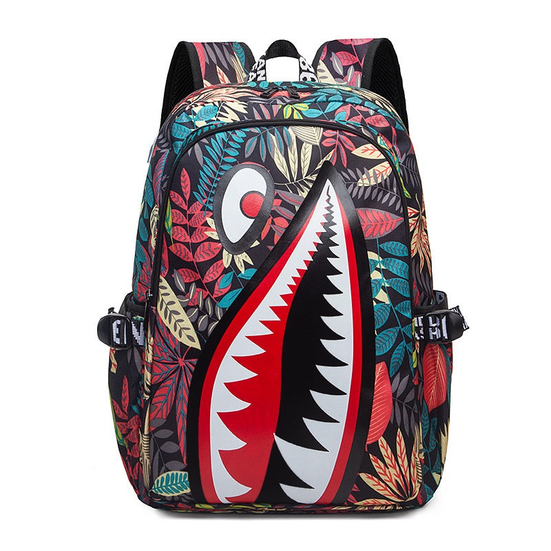 Trendsetter Shark Mouth Print Backpack – Lightweight & Breathable School Bag(Red leaves)