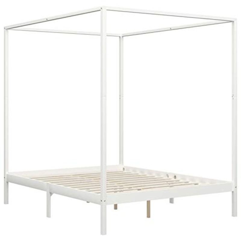 Lasamot Struttura Letto in Legno di Pino con 2 cassetti, Struttura a baldacchino per zanzariera, Staffa per Montante, Adatta per Materasso 160×200 cm (Materasso Non Incluso), Bianca