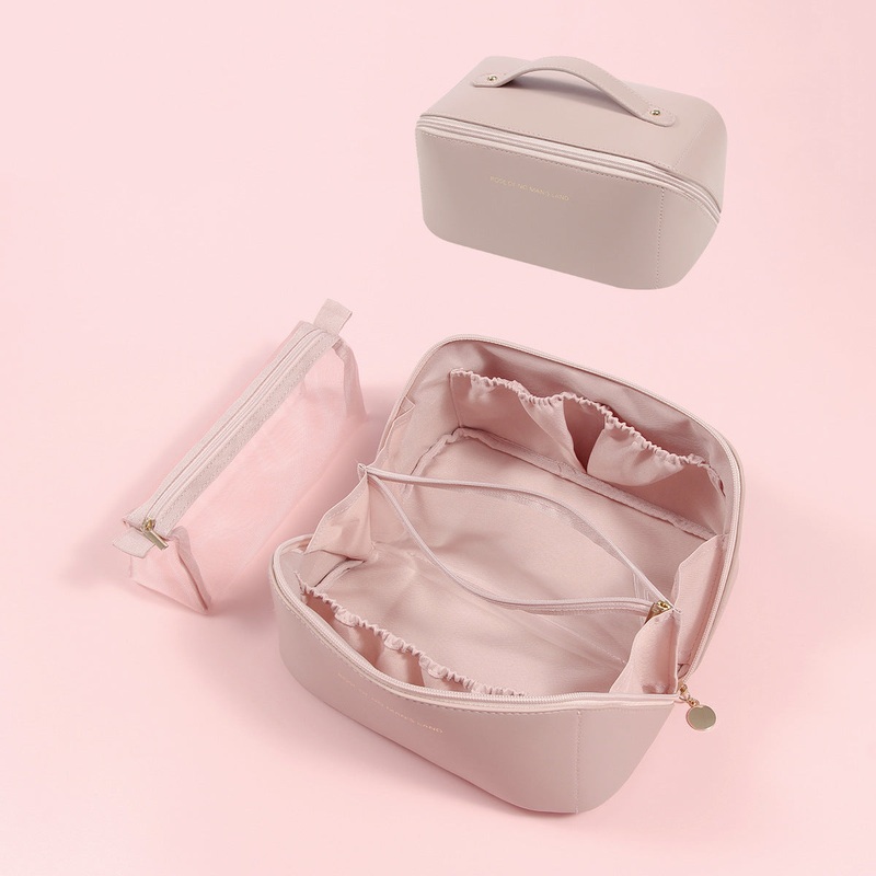 Pink Elegant PU Leather Makeup Bag & Toiletry Organizer with Detachable Mesh Pouch – Large Capacity Travel Cosmetic Case