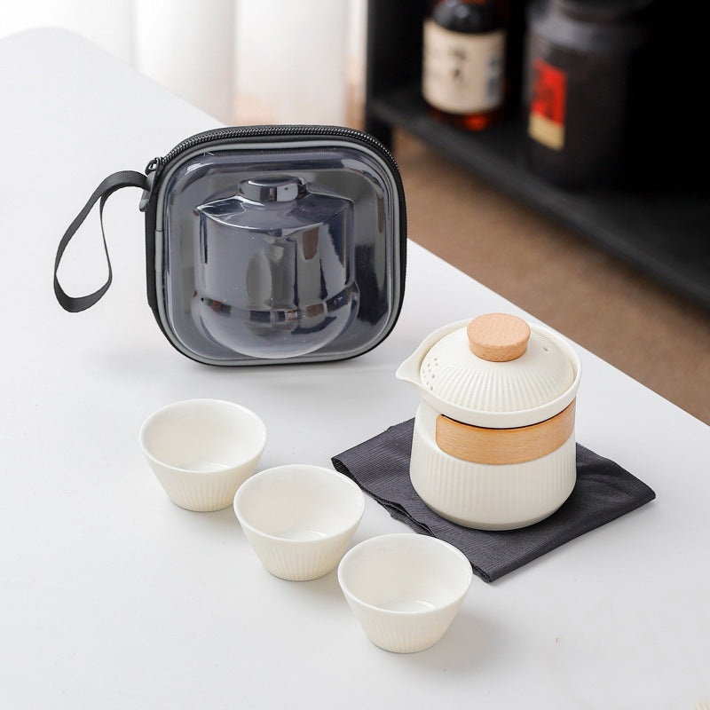 Portable Ceramic Travel Tea Set – One Pot Three Cups with Carrying Case, Elegant Frosted Finish(white)