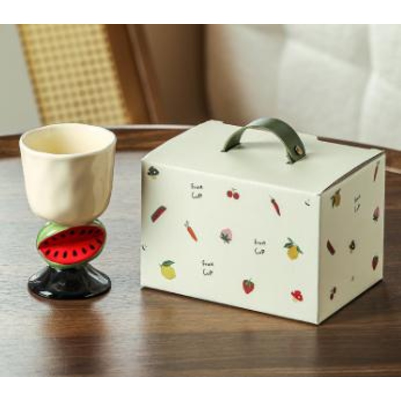 Red Whimsical Watermelon Stem Ceramic Goblet – 150ml Hand-Painted Watermelon Design, Unique Coffee & Drinkware Gift with Box