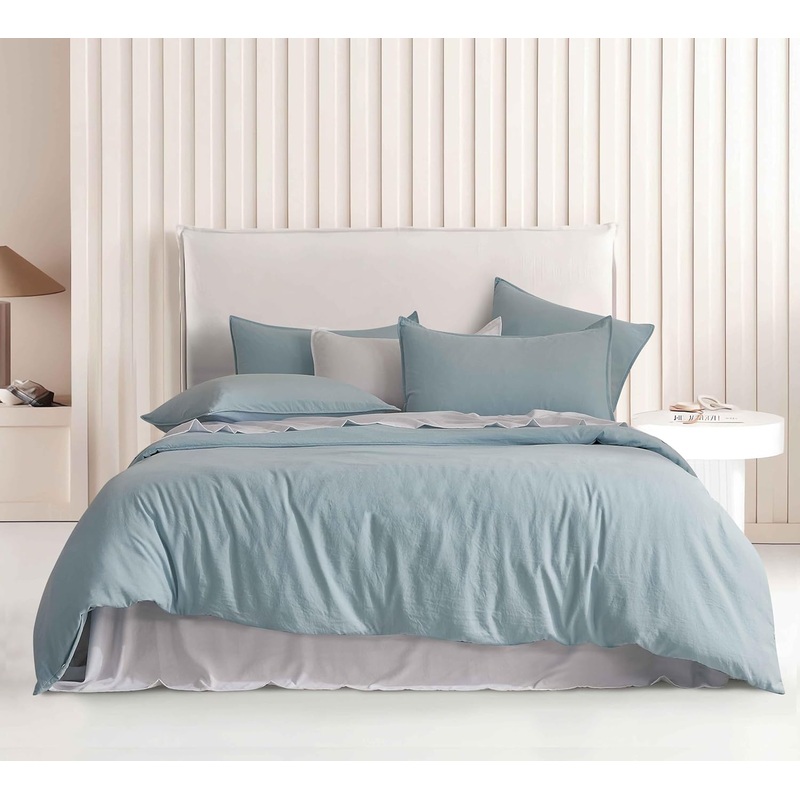 Vintage Washed Microfibre Quilt Cover Set (Blue, Queen)