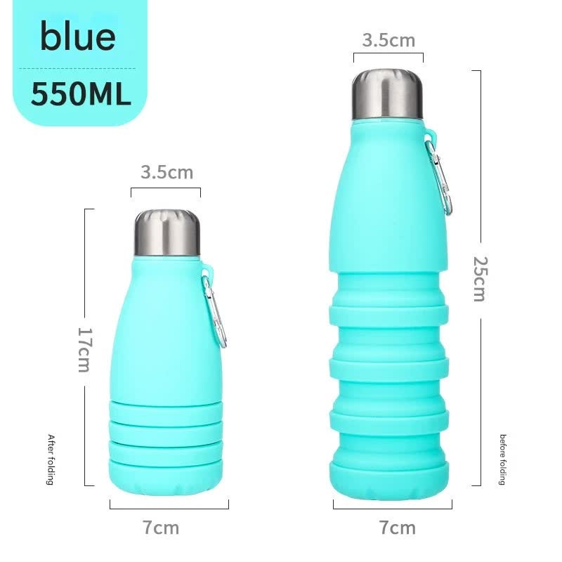 Blue Collapsible Silicone Water Bottle – Portable Sports Hydration Flask with Carabiner, 550ml/300ml