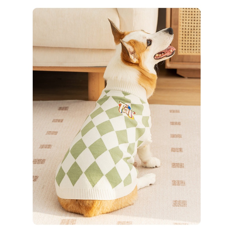 Classic Argyle Dog Sweater – Green & White Knit for Corgis & Medium Breeds (Size : XL)