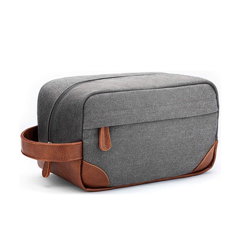 Grey And Brown Men’s Canvas Toiletry Bag – Large Capacity Water-Resistant Travel Organizer Dopp Kit with Handle