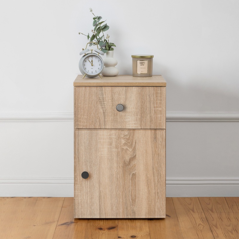 PORTO BEDSIDE TABLE – NATURAL OAK – SLIM – ROUND BLACK