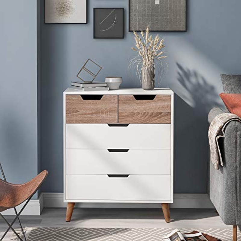 Q-HL Comodino Cassettiera Cassettiera Cabinetto con 5 Cassetti con Gambe in Legno Tavolo Comodino per Soggiorno Camera da Letto