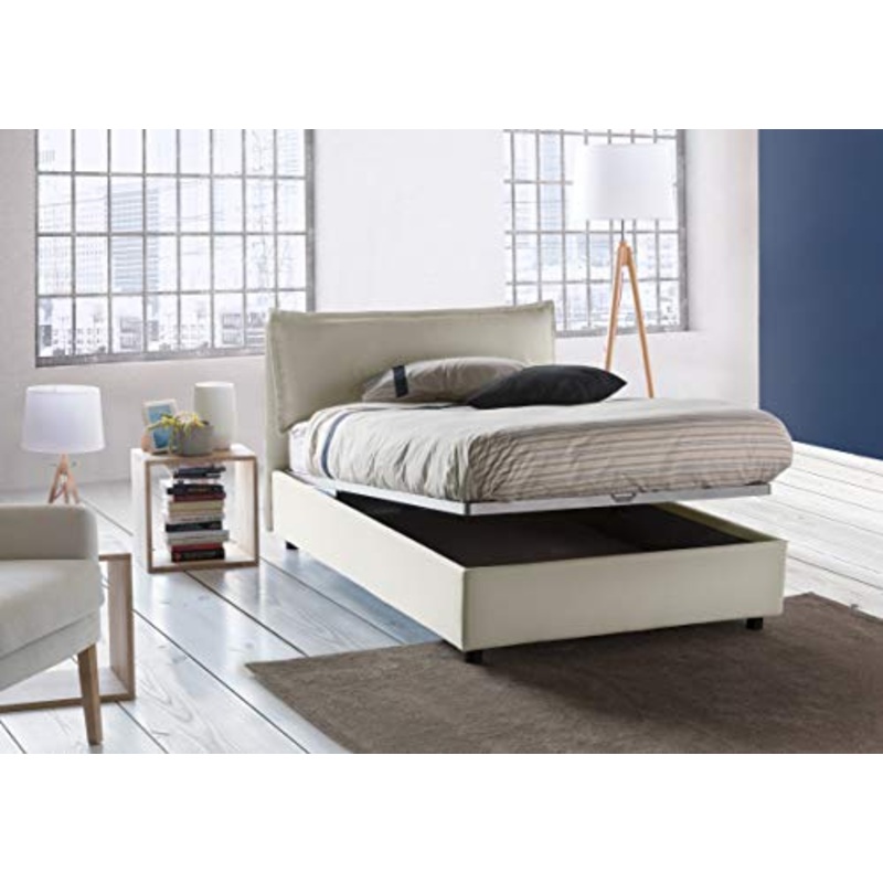 Talamo Italia Letto contenitore Una piazza e mezza Veronica, Made in Italy, Testata e rivestimento in tessuto, Apertura frontale, adatto per materasso cm 120×190, Panna