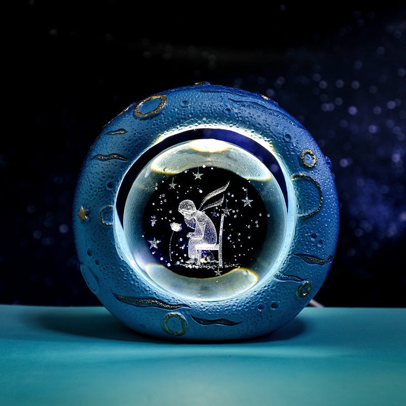 Celestial Ring LED Crystal Ball Lamp – 3D Engraving, Unique Gift (Little Prince Rose)