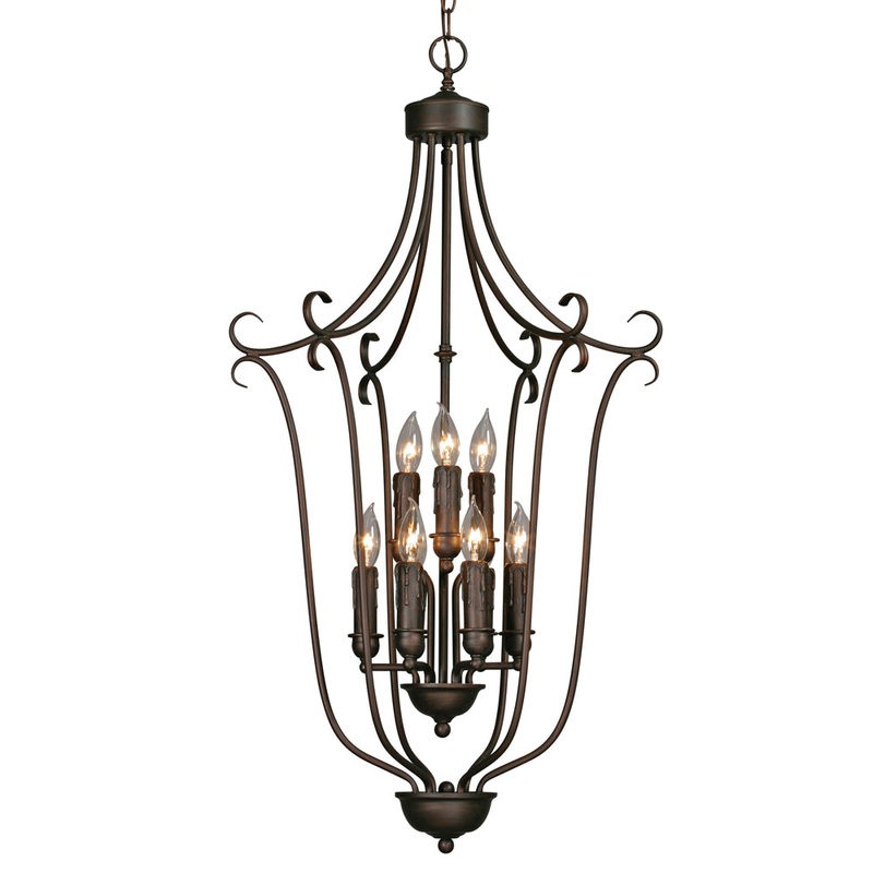 Multi-Family 2 Tier – 9 Light Caged Foyer in Rubbed Bronze with Drip Candlesticks