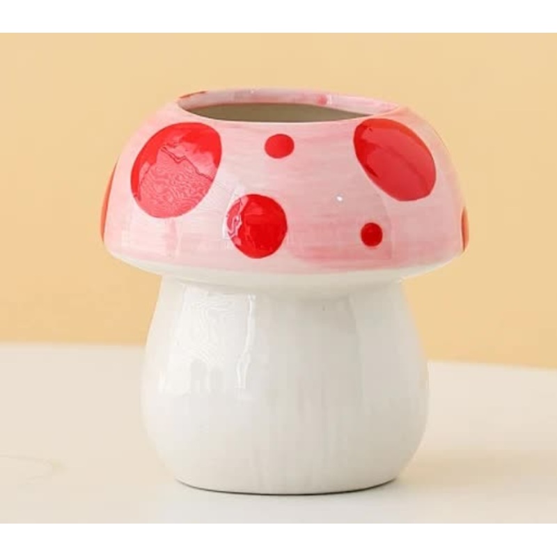 Pink And Red Adorable Ceramic Mushroom Desk Organizer – Cute Pen & Makeup Brush Holder