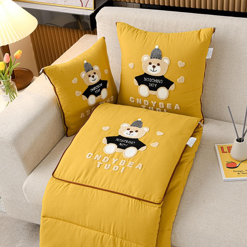 Yellow Cap Bear 2-in-1 Foldable Car Pillow Blanket – Cozy 40x40cm Pillow, Unfolds to 100x150cm Blanket for Travel and Office Naps